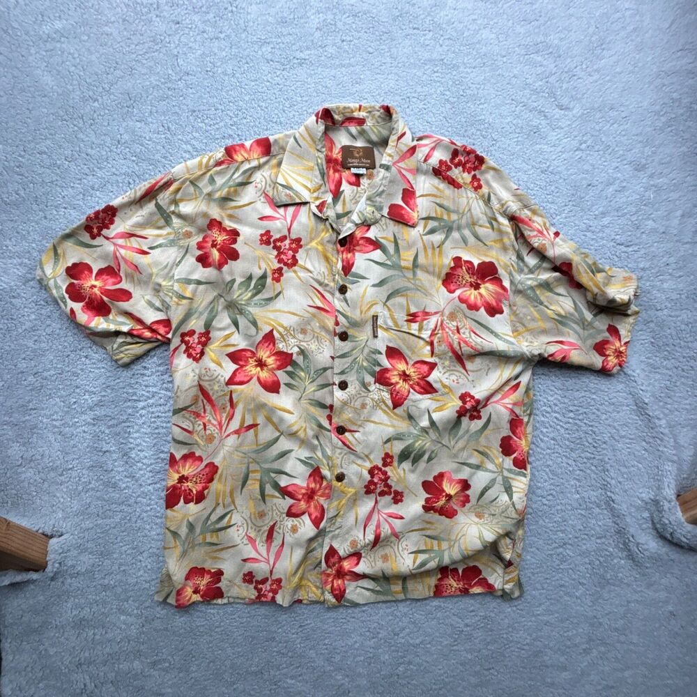 Mango Moon Shirt Men XXL Beige Button Up Floral Print Hawaiian Hibiscus